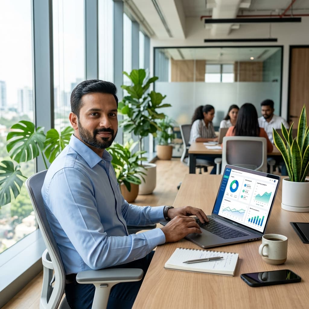 Business professional reviewing financial dashboard on laptop