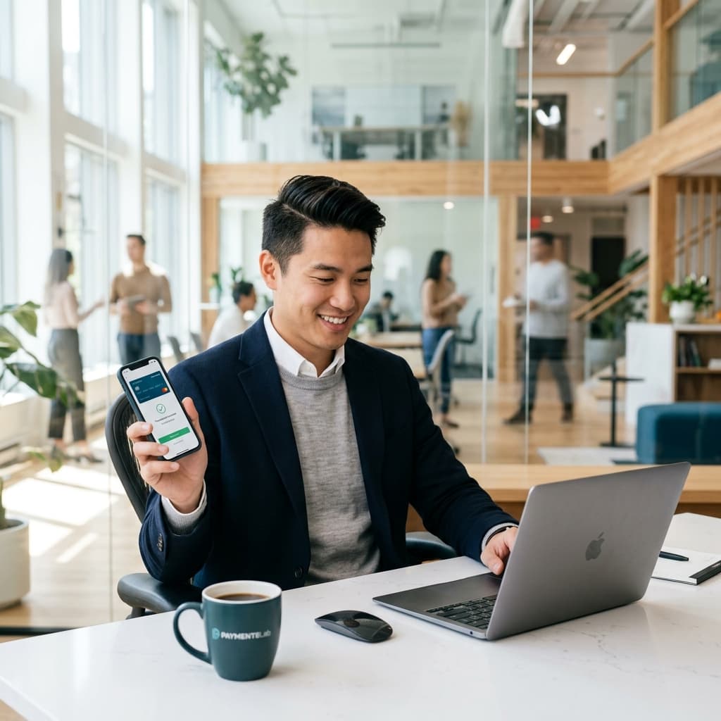 Professional using fintech platform on smartphone in modern office